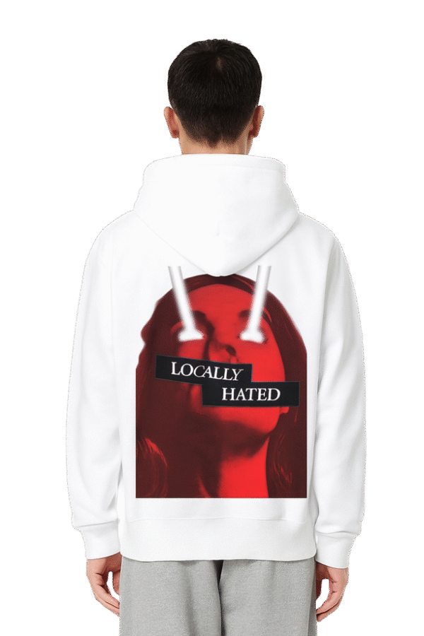 White hoodie with “Locally H8” graphic printed on the front, oversized streetwear fit.